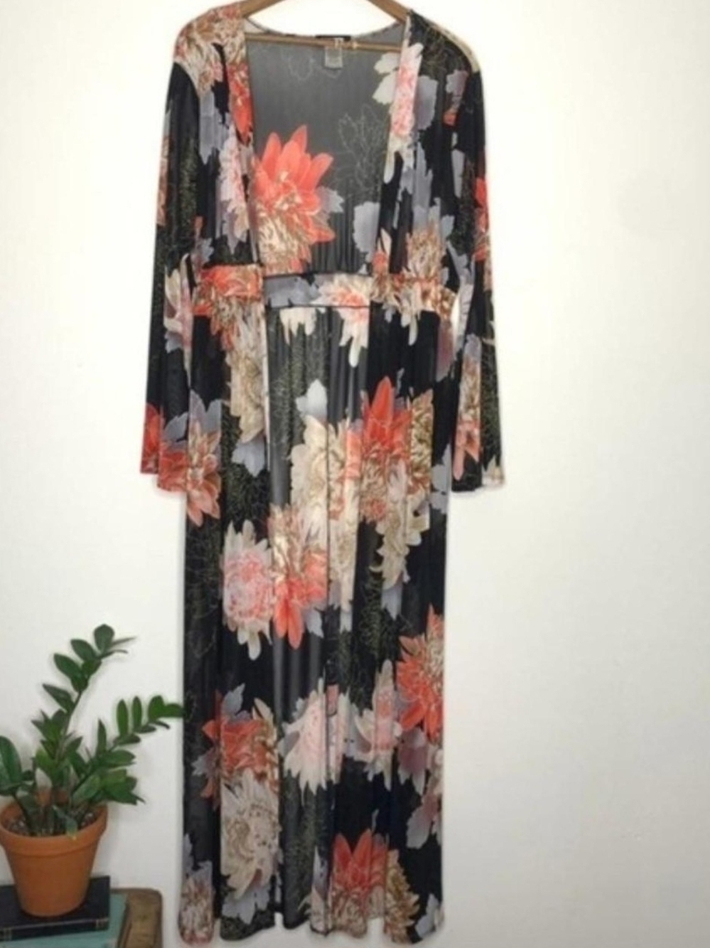 Fashion Nova Black Floral Mesh Maxi Duster with Coral Blooms